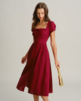 Wine Red Square Neck A-Line Midi Dress - Threadford