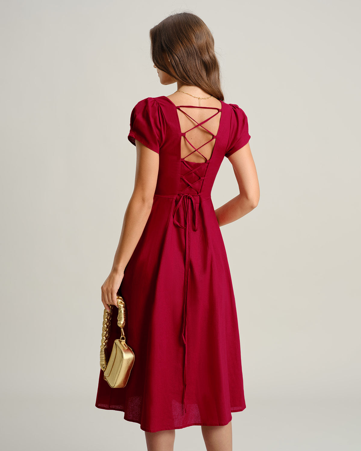 Wine Red Square Neck A-Line Midi Dress - Threadford