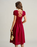 Wine Red Square Neck A-Line Midi Dress - Threadford