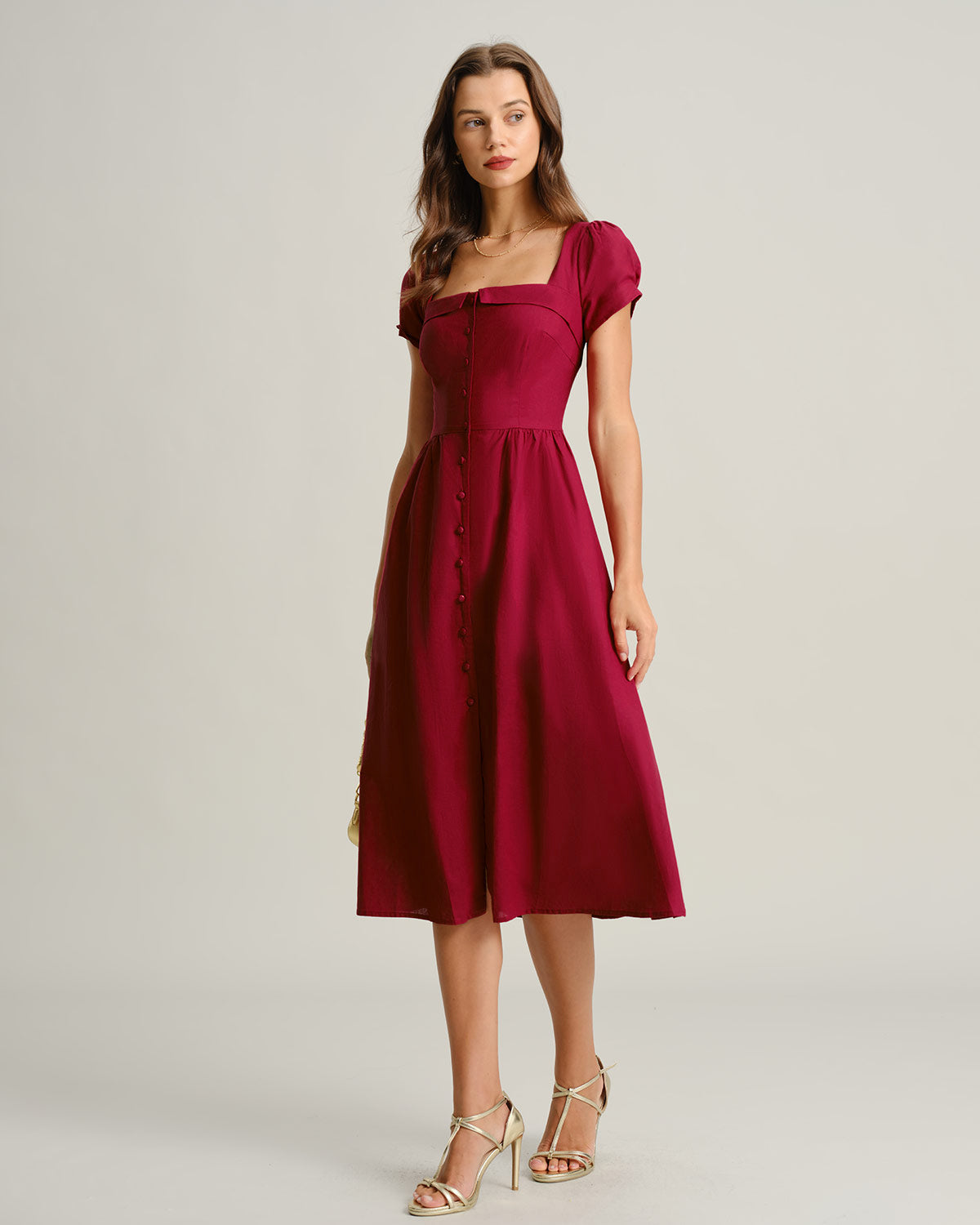 Wine Red Square Neck A-Line Midi Dress - Threadford