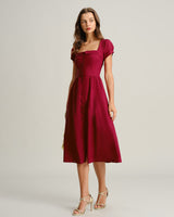 Wine Red Square Neck A-Line Midi Dress - Threadford