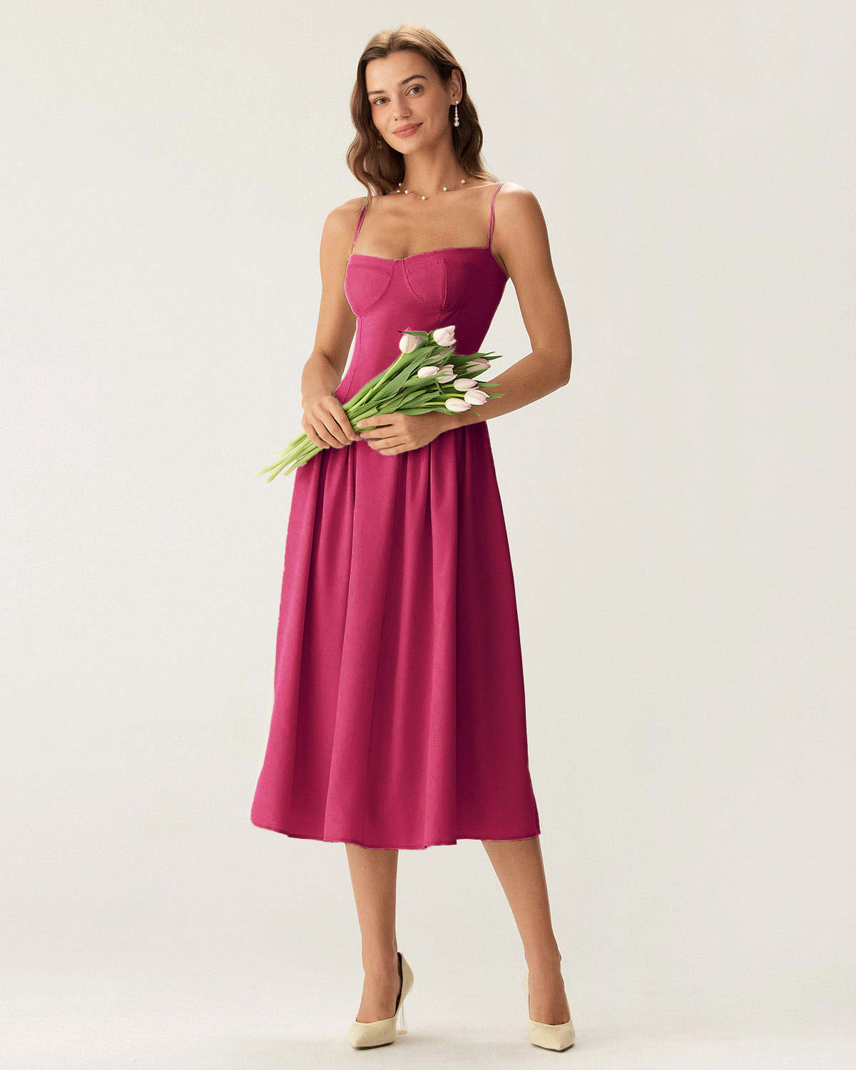 Wine Red Square Neck Pocket Slip Midi Dress - Threadford