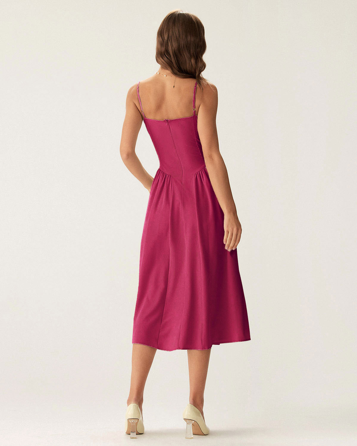 Wine Red Square Neck Pocket Slip Midi Dress - Threadford