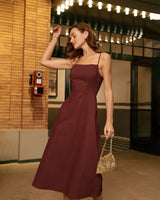 Wine Red Square Neck Shirred Slip Midi Dress - Threadford