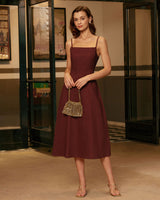 Wine Red Square Neck Shirred Slip Midi Dress - Threadford