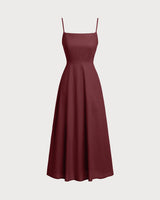 Wine Red Square Neck Shirred Slip Midi Dress - Threadford