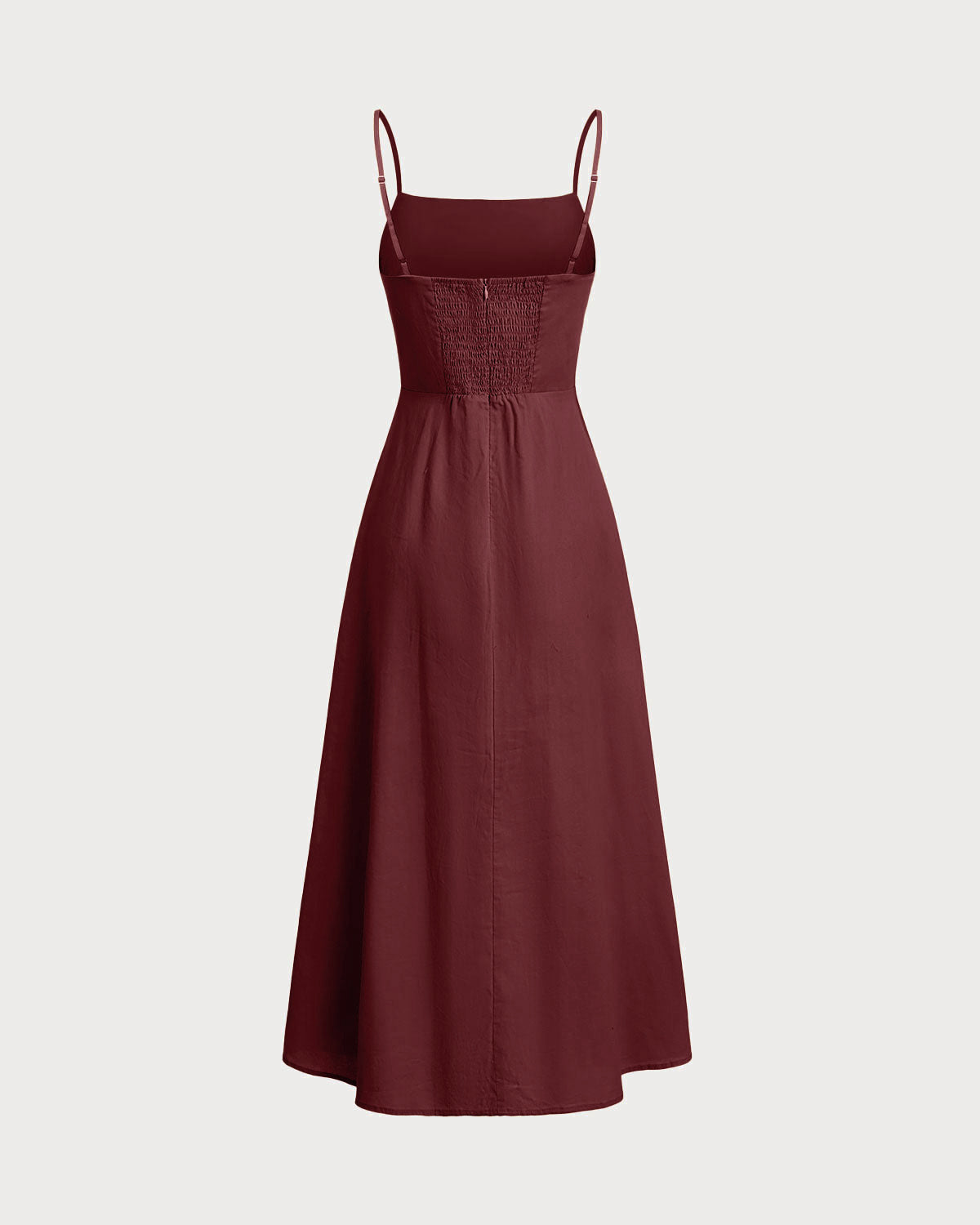 Wine Red Square Neck Shirred Slip Midi Dress - Threadford