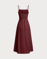 Wine Red Square Neck Shirred Slip Midi Dress - Threadford
