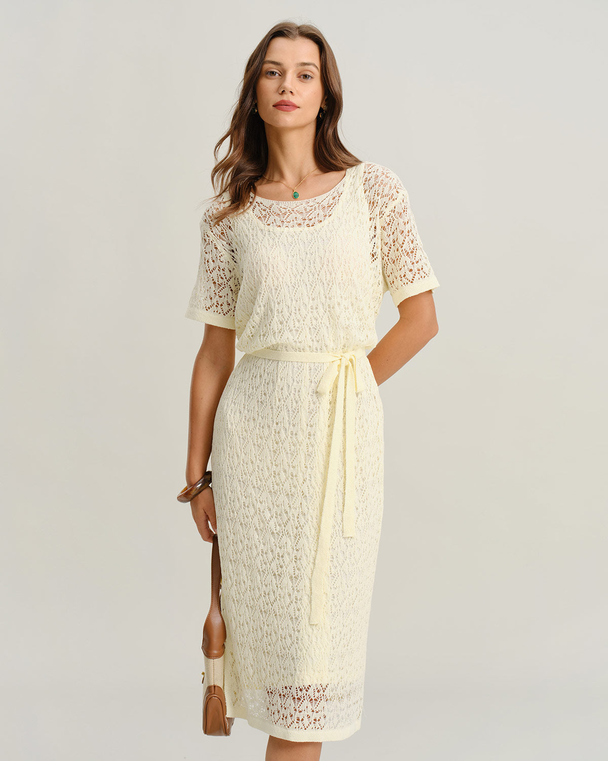 Yellow See Through Round Neck Midi Dress - Threadford