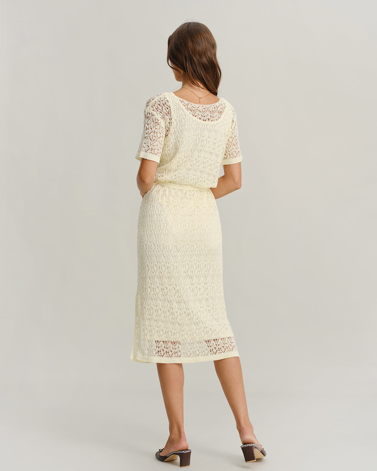 Yellow See Through Round Neck Midi Dress - Threadford