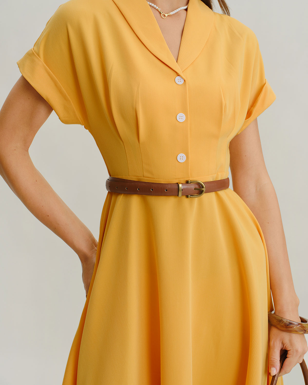 Yellow Cowl Sleeve Pleated Midi Dress - Threadford