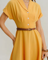 Yellow Cowl Sleeve Pleated Midi Dress - Threadford