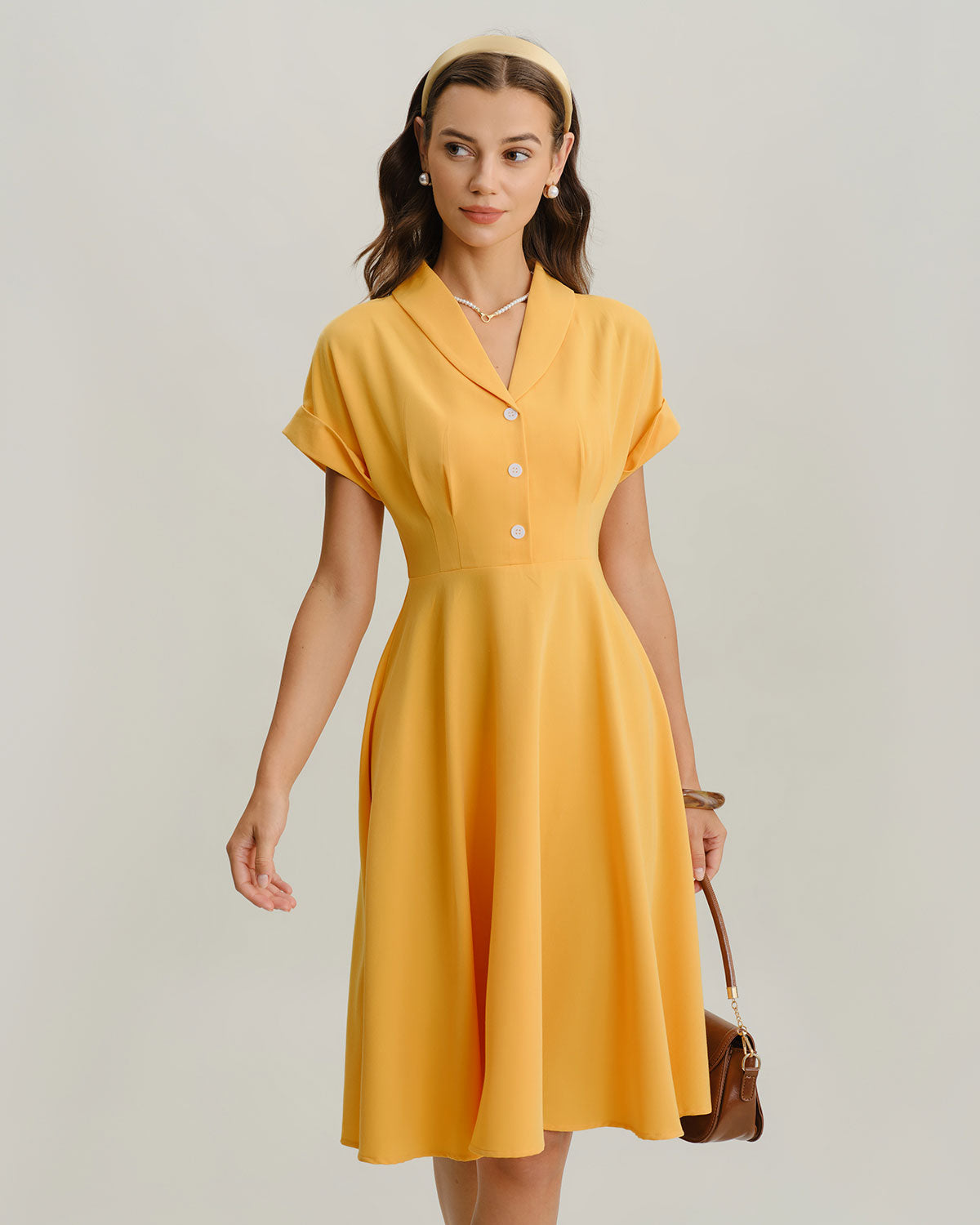 Yellow Cowl Sleeve Pleated Midi Dress - Threadford