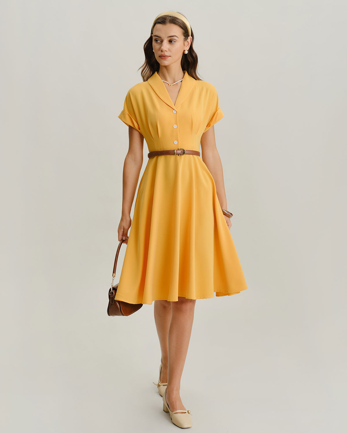 Yellow Cowl Sleeve Pleated Midi Dress - Threadford