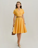 Yellow Cowl Sleeve Pleated Midi Dress - Threadford
