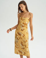 Yellow Floral Shirred Slip Midi Dress - Threadford