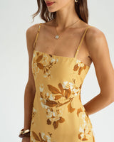 Yellow Floral Shirred Slip Midi Dress - Threadford
