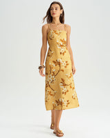 Yellow Floral Shirred Slip Midi Dress - Threadford
