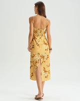 Yellow Floral Shirred Slip Midi Dress - Threadford