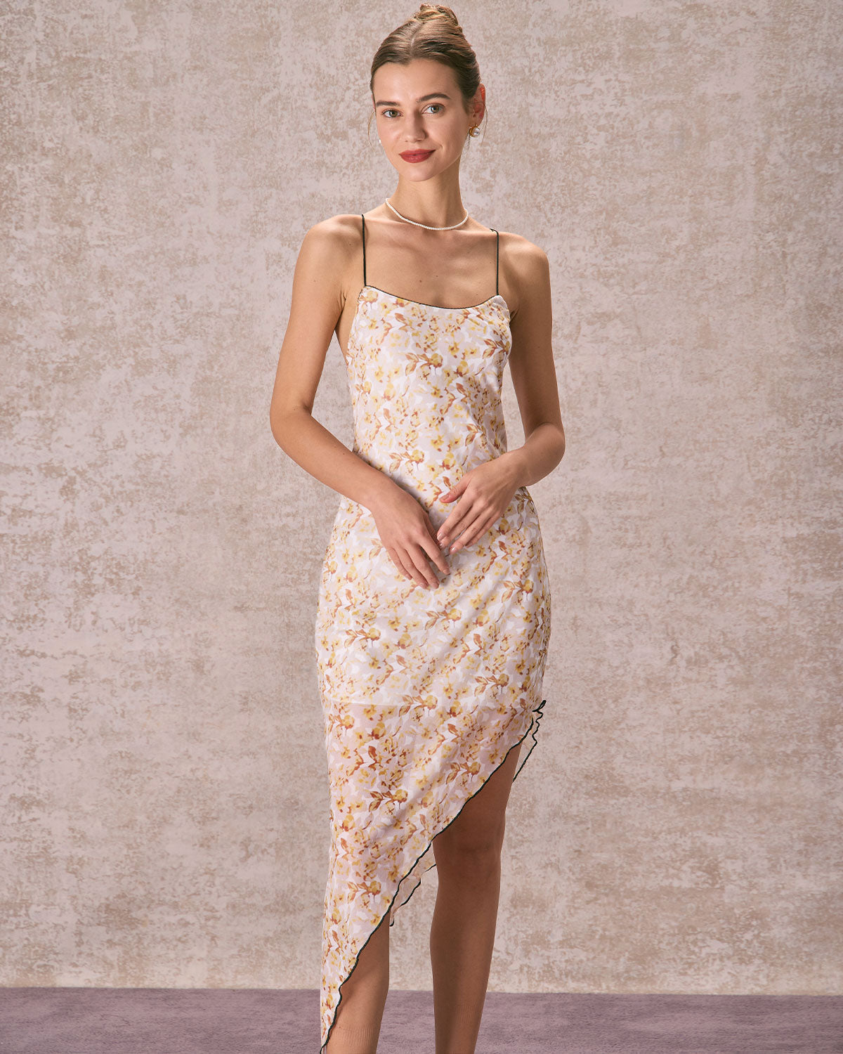 The Yellow Asymmetric Hem Floral Midi Dress - Threadford