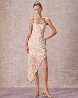 The Yellow Asymmetric Hem Floral Midi Dress - Threadford