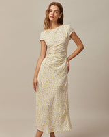 The Yellow Round Neck Floral Midi Dress - Threadford