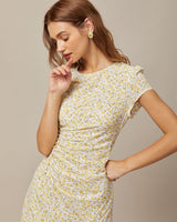 The Yellow Round Neck Floral Midi Dress - Threadford