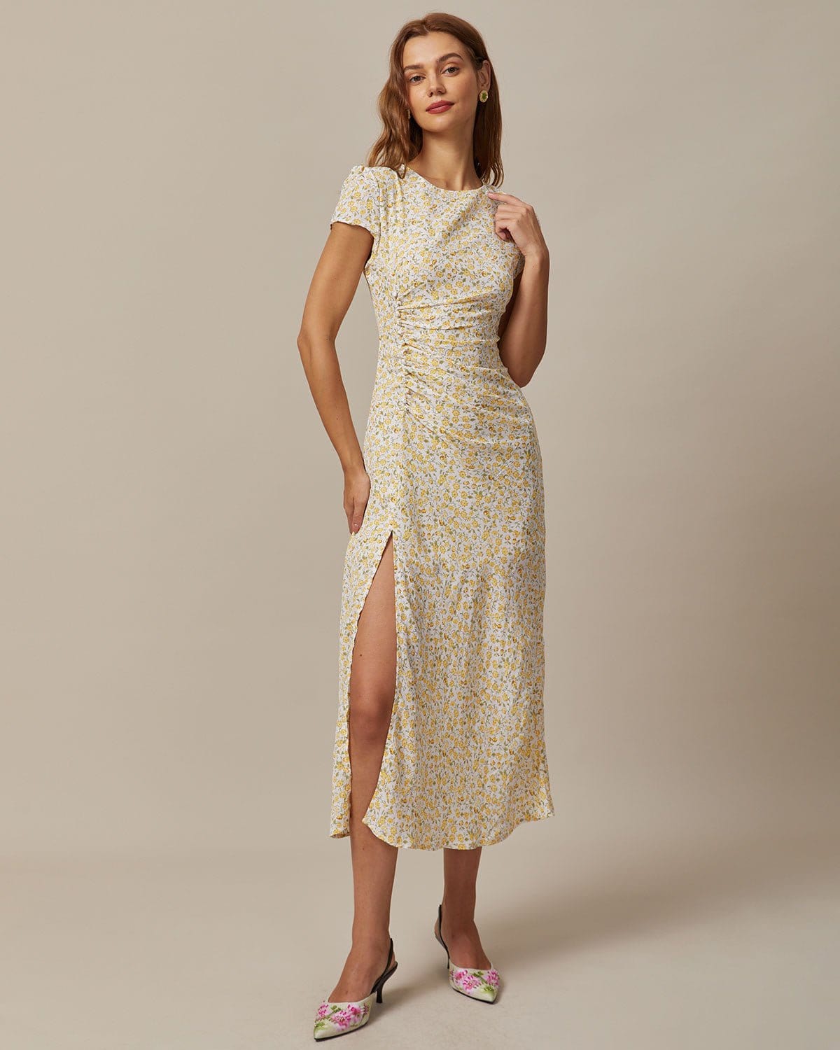 The Yellow Round Neck Floral Midi Dress - Threadford