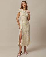 The Yellow Round Neck Floral Midi Dress - Threadford