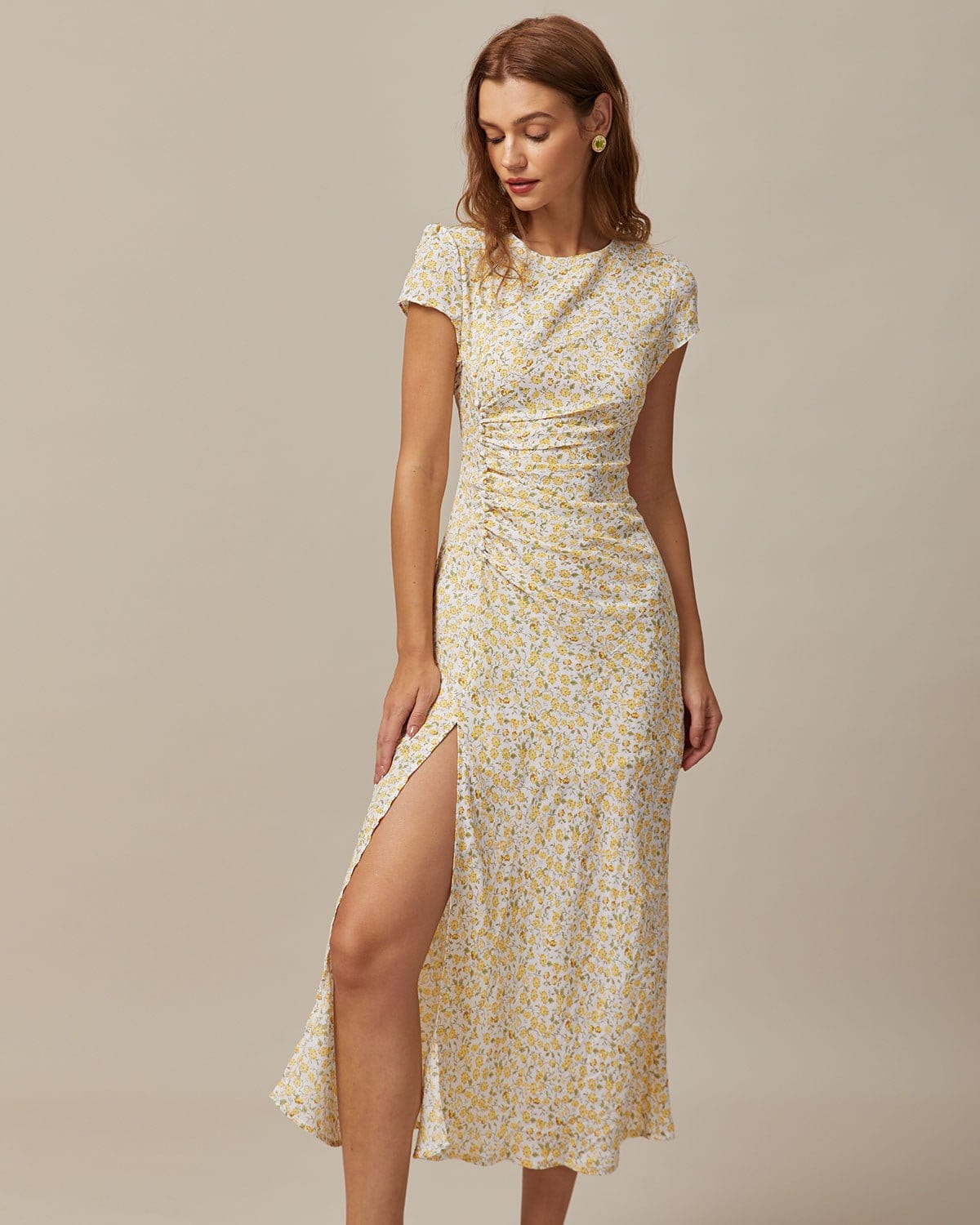 The Yellow Round Neck Floral Midi Dress - Threadford