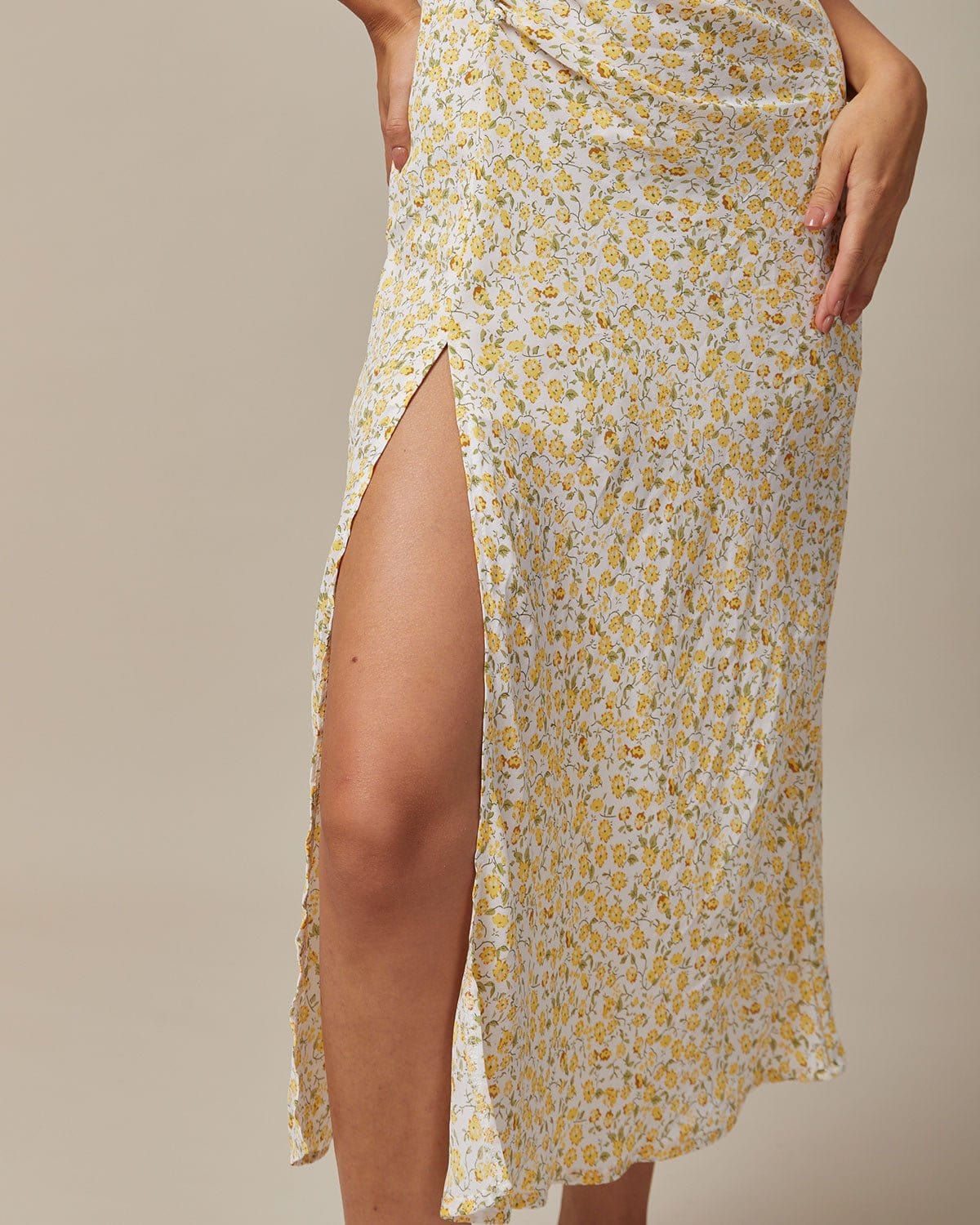 The Yellow Round Neck Floral Midi Dress - Threadford
