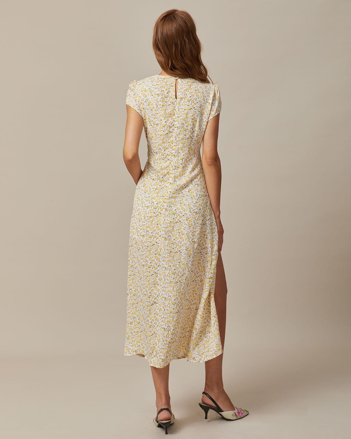 The Yellow Round Neck Floral Midi Dress - Threadford