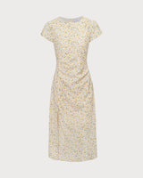 The Yellow Round Neck Floral Midi Dress - Threadford