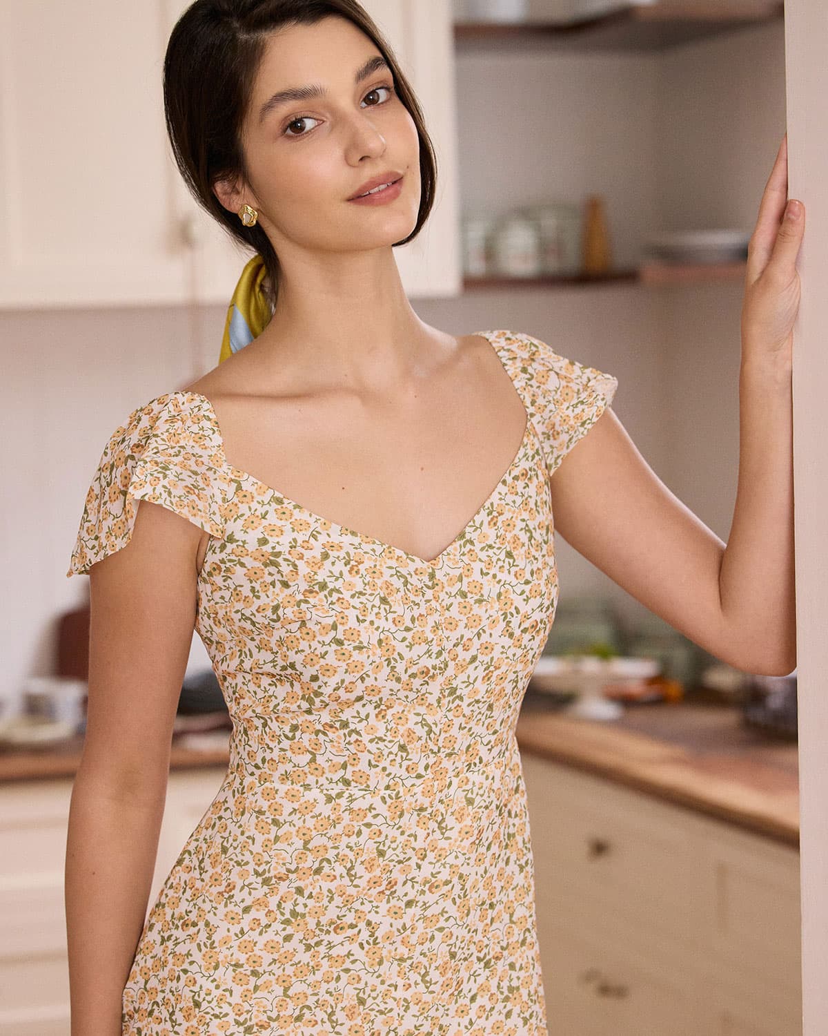 The Yellow V Neck Floral Slit Midi Dress - Threadford