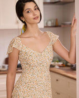 The Yellow V Neck Floral Slit Midi Dress - Threadford