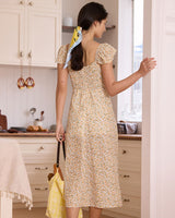 The Yellow V Neck Floral Slit Midi Dress - Threadford