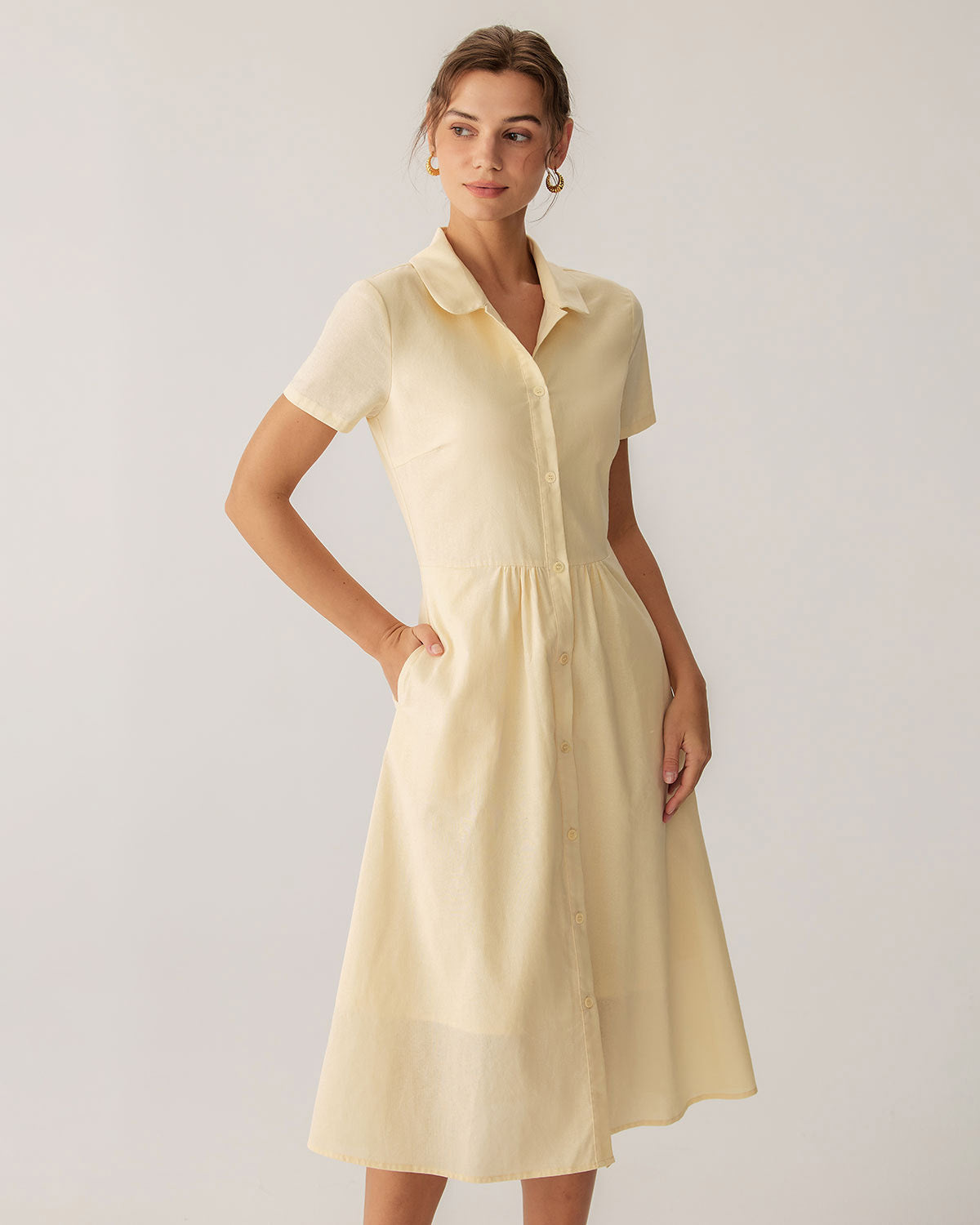Yellow Button Short Sleeve Midi Dress - Threadford