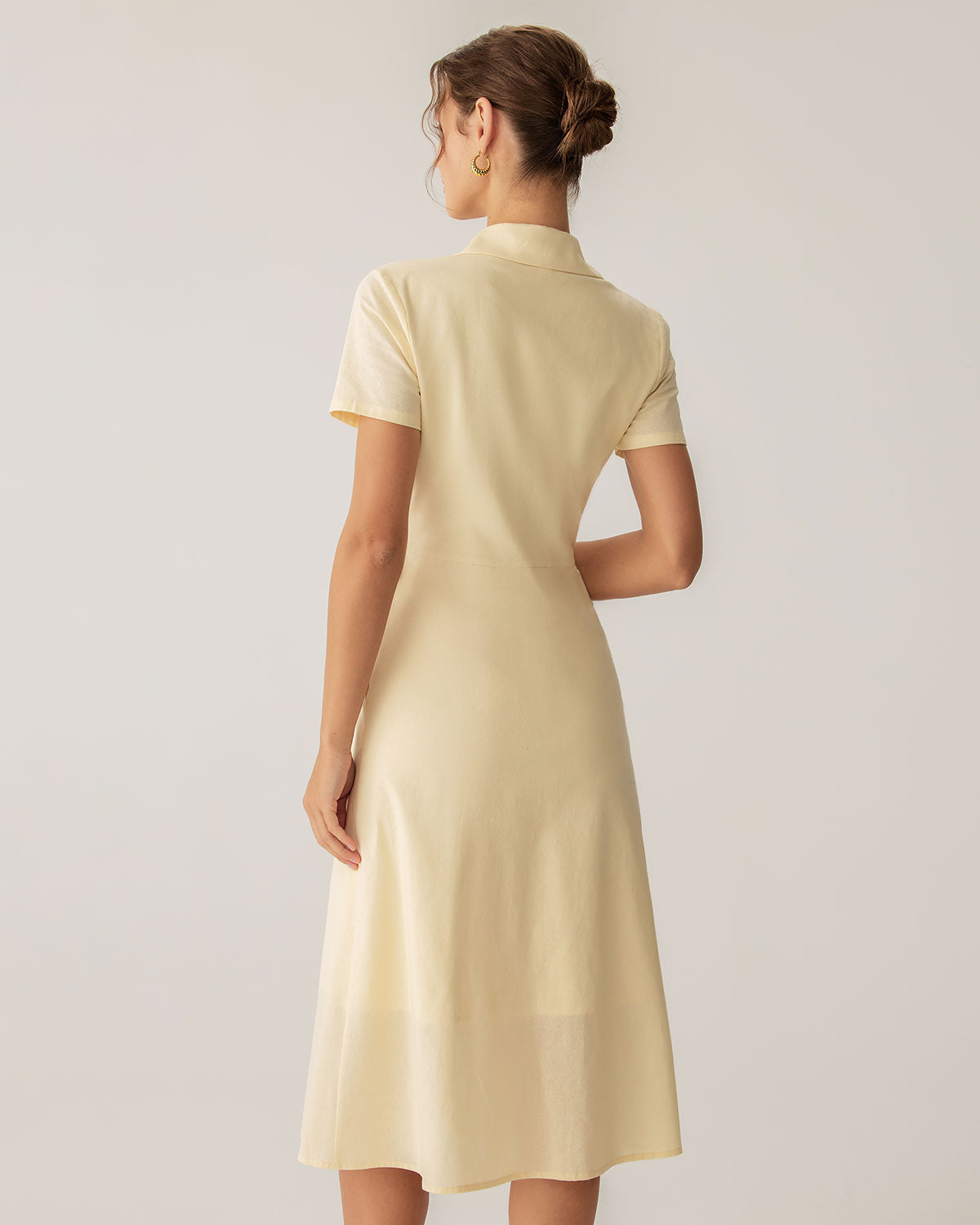 Yellow Button Short Sleeve Midi Dress - Threadford