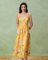 Yellow Floral A-Line Slip Midi Dress - Threadford