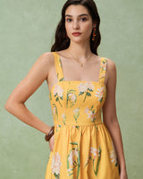 Yellow Floral A-Line Slip Midi Dress - Threadford