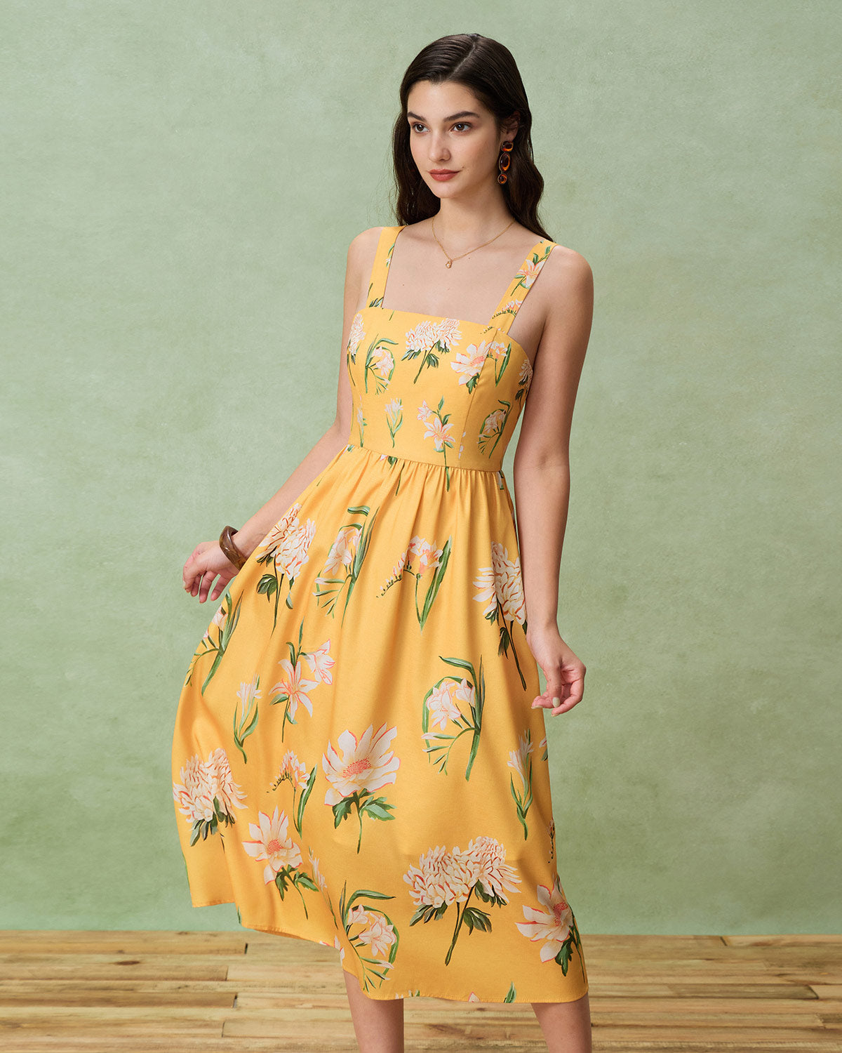 Yellow Floral A-Line Slip Midi Dress - Threadford