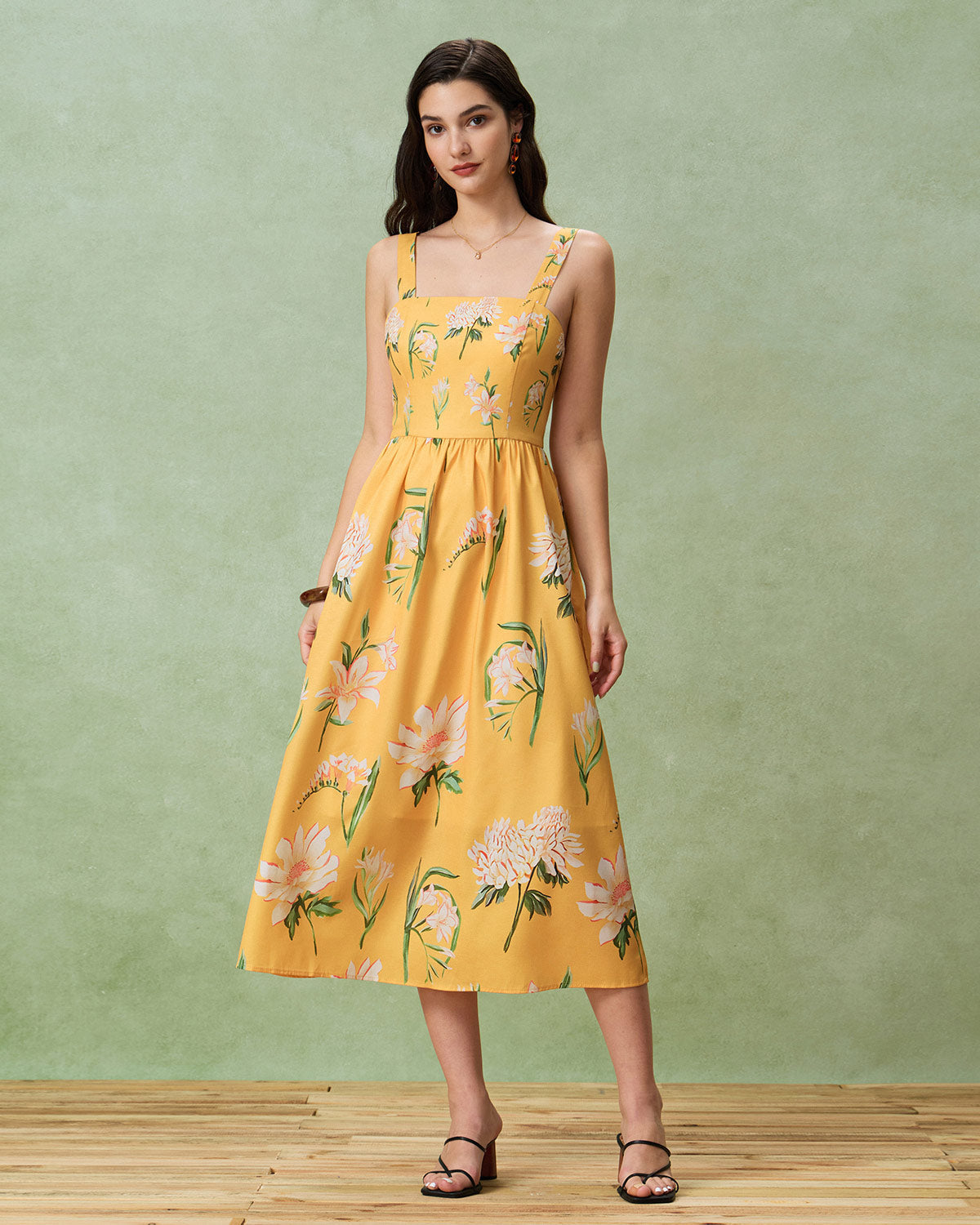 Yellow Floral A-Line Slip Midi Dress - Threadford