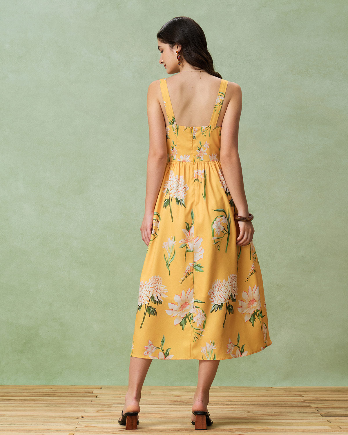 Yellow Floral A-Line Slip Midi Dress - Threadford