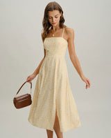 Yellow Floral Backless Slip Midi Dress - Threadford