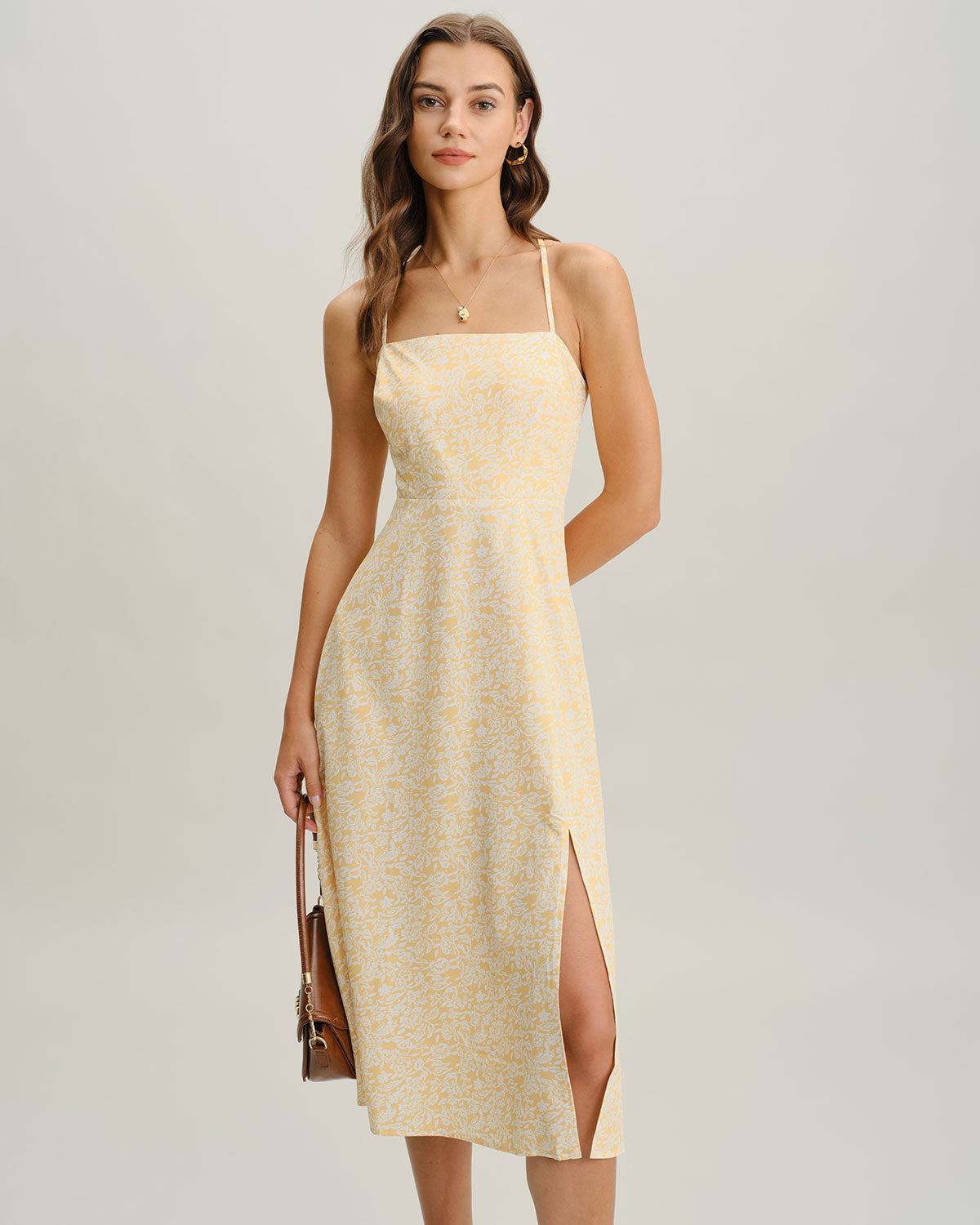 Yellow Floral Backless Slip Midi Dress - Threadford