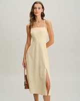 Yellow Floral Backless Slip Midi Dress - Threadford