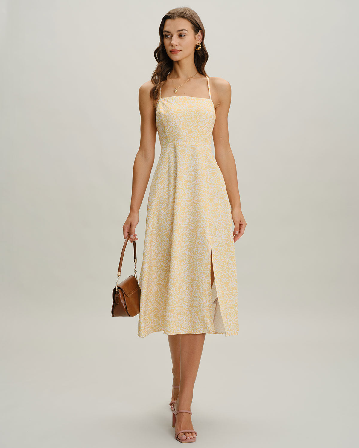 Yellow Floral Backless Slip Midi Dress - Threadford