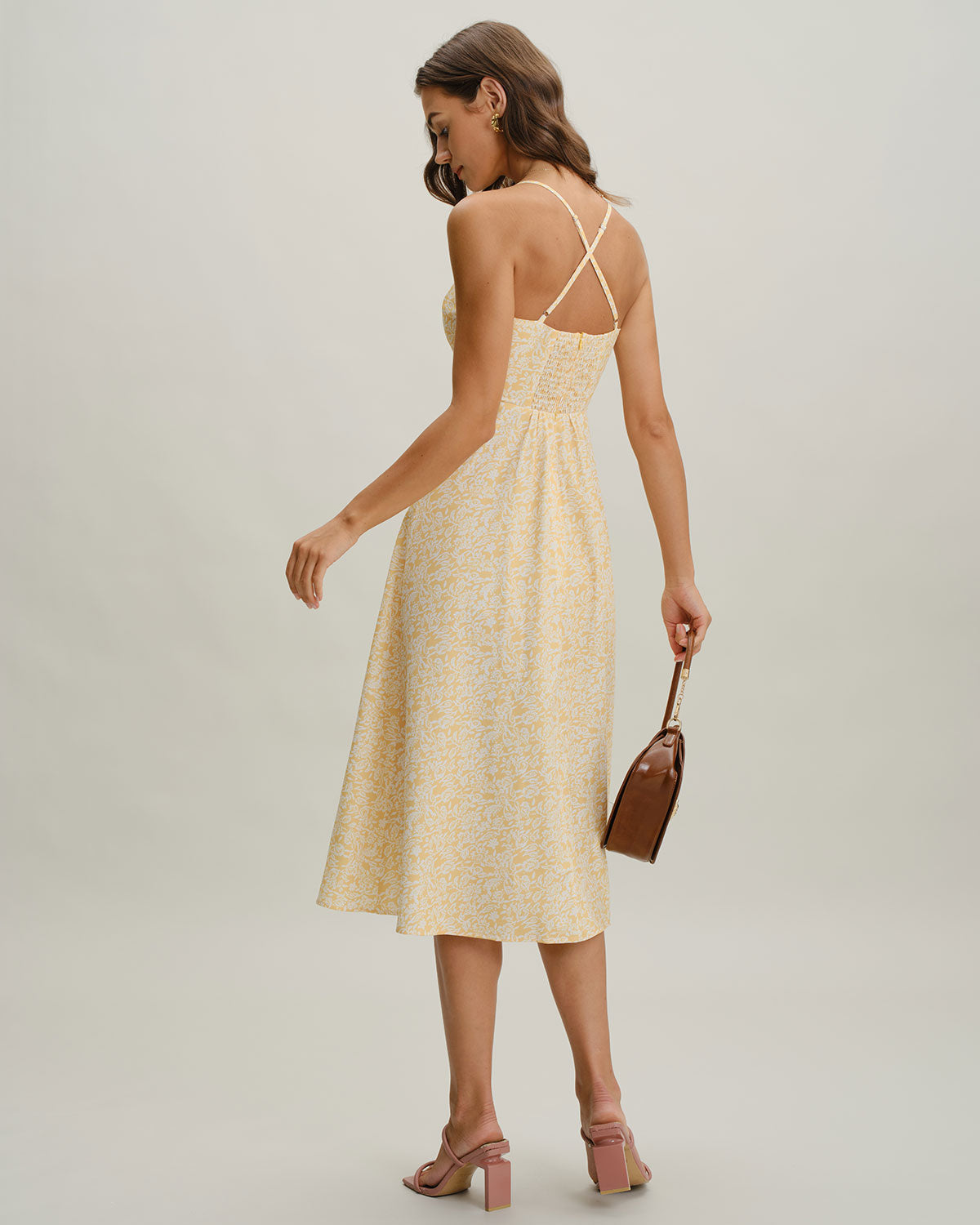 Yellow Floral Backless Slip Midi Dress - Threadford