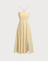 Yellow Floral Backless Slip Midi Dress - Threadford