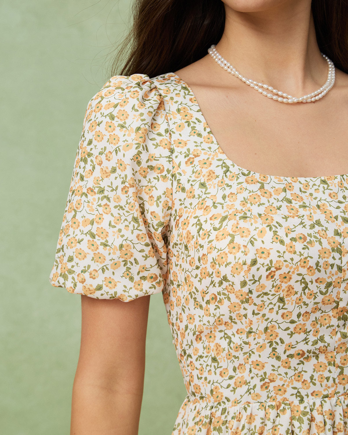 Yellow Floral Puffed Sleeve Midi Dress - Threadford